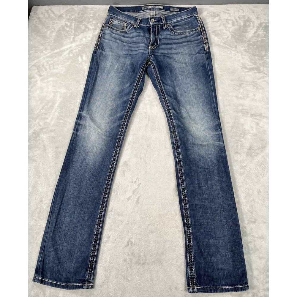 Buckle BKE Asher Mens Jeans 31 L Straight Leg Medium Wash Thick Stitch